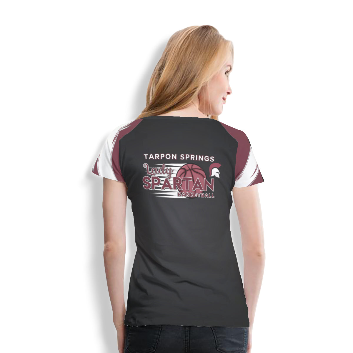 Tarpon Springs AOP Women's Black with Maroon Short Sleeves Poly T-Shirt