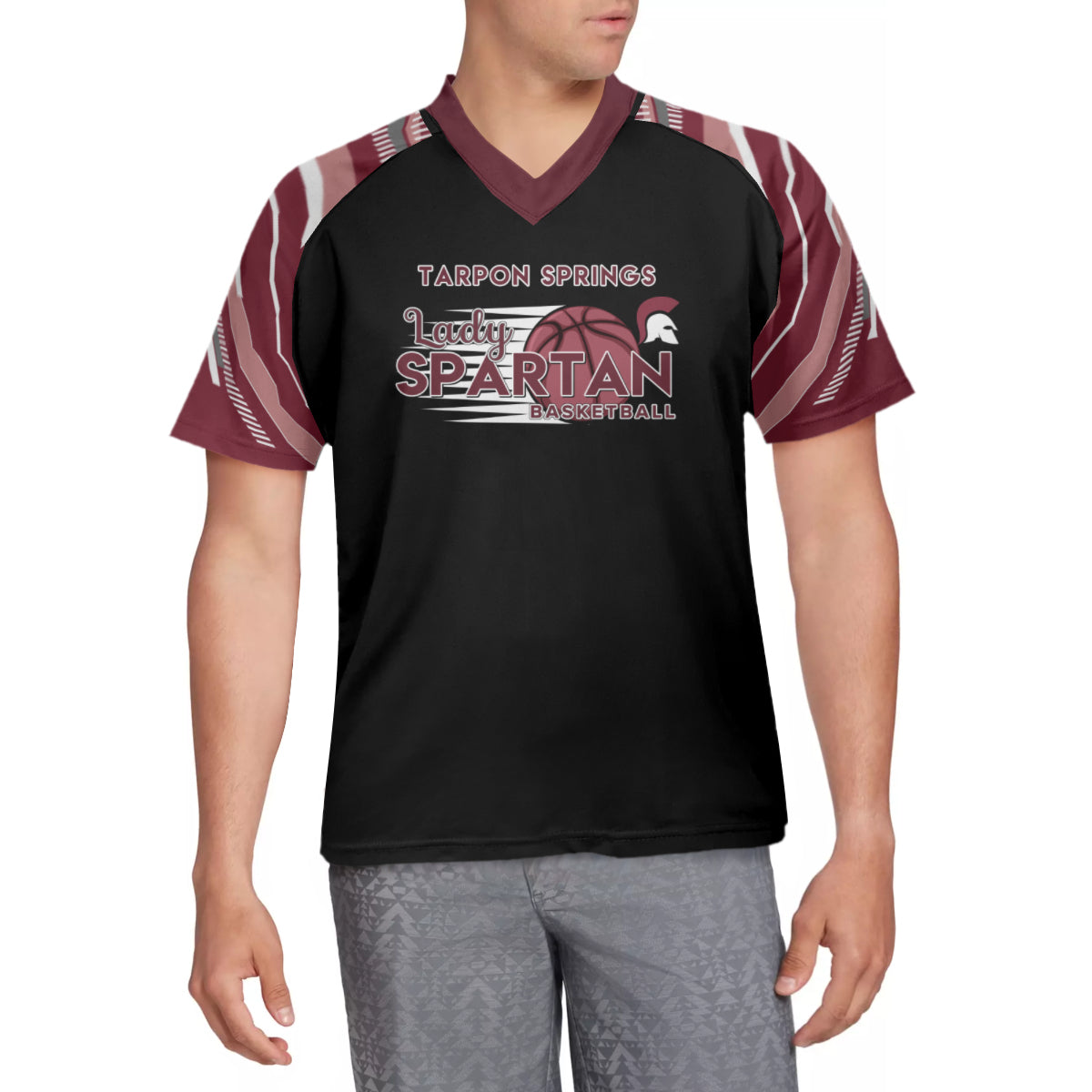 Tarpon Springs Middle Spartan Black with Maroon Sleeves Men's Jersey